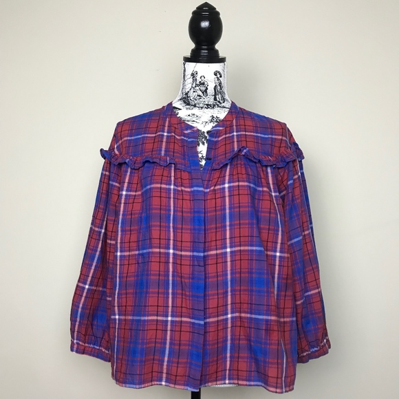 NWOT MADEWELL Plaid Shirred Button Down Top Berry - Picture 2 of 6